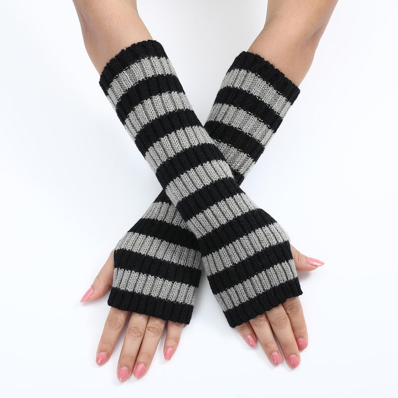 Sumleno Y2k Striped Arm Warmers Long Fingerless Knitted Gloves Punk Gothic Alt Emo Scene Cool Winter Arm Sleeves Grunge Accessories - Image 2